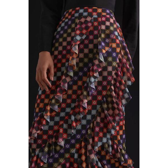 FARM RIO Mesh Check Midi Maxi Ruffle Tiered Skirt Anthropologie S NWT $160 - Picture 11 of 11